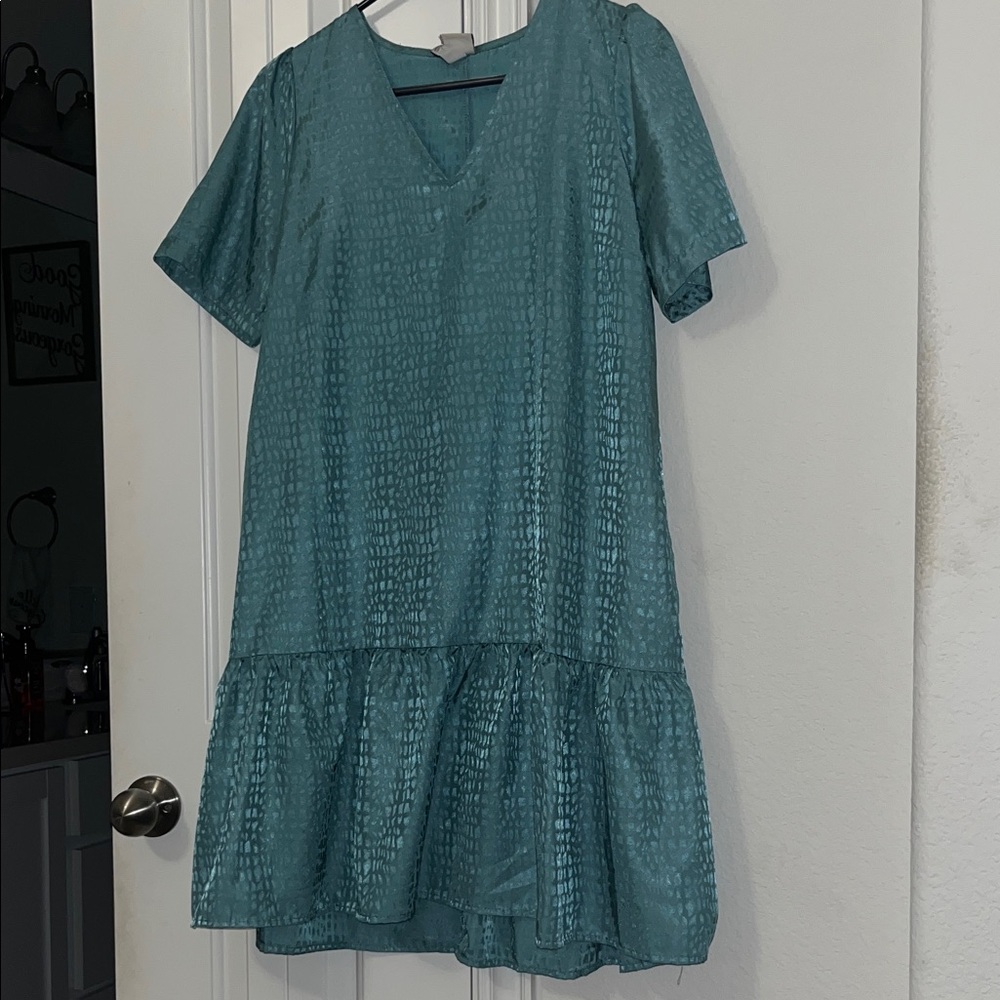 a new day Teal Shimmer V‑Neck Ruffle Hem Mini Dress
